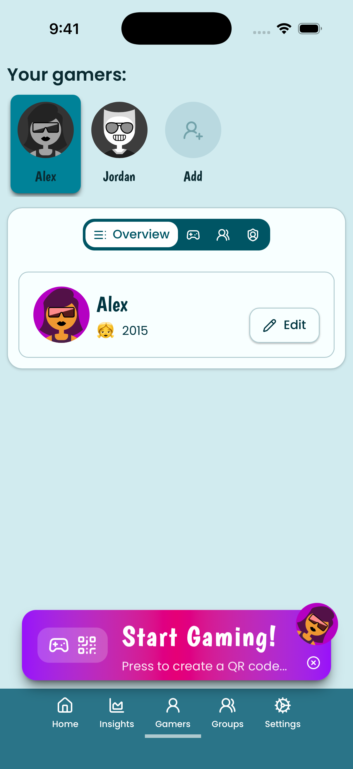 Per-child gamer profiles — Alex, Jordan, and Add — each with their own settings, filters, and time limits