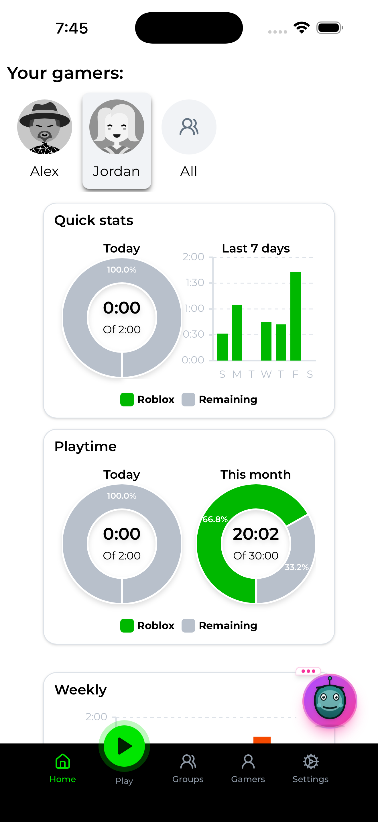 Insights dashboard showing playtime and weekly stats